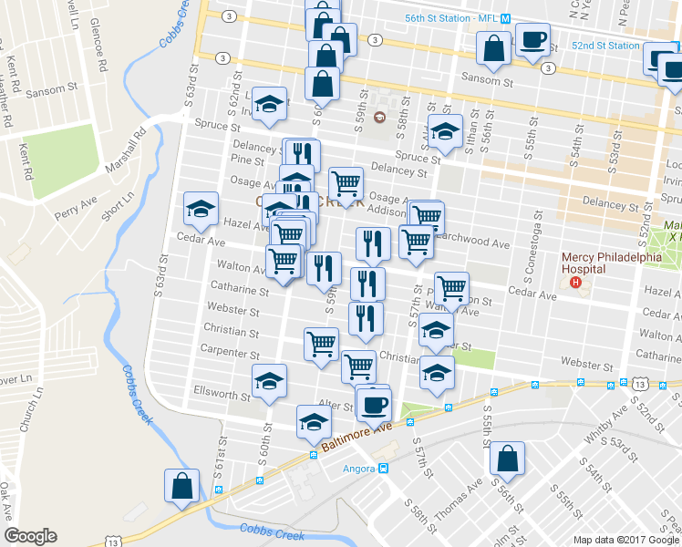 map of restaurants, bars, coffee shops, grocery stores, and more near 5861 Pemberton Street in Philadelphia