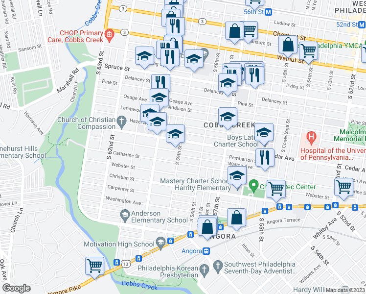 map of restaurants, bars, coffee shops, grocery stores, and more near 5861 Pemberton Street in Philadelphia
