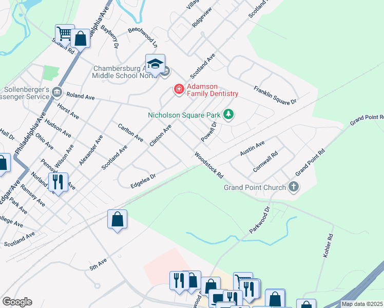 map of restaurants, bars, coffee shops, grocery stores, and more near 580 Woodstock Road in Chambersburg