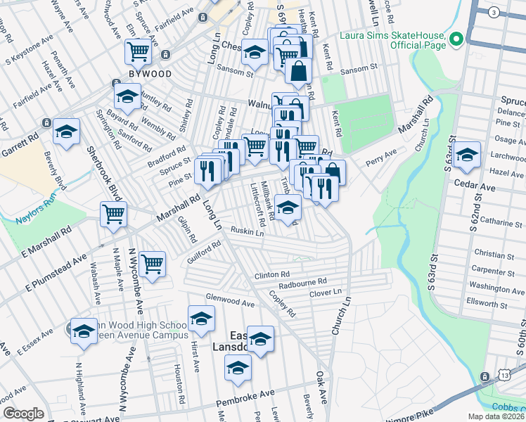 map of restaurants, bars, coffee shops, grocery stores, and more near 443 Millbank Road in Delaware County