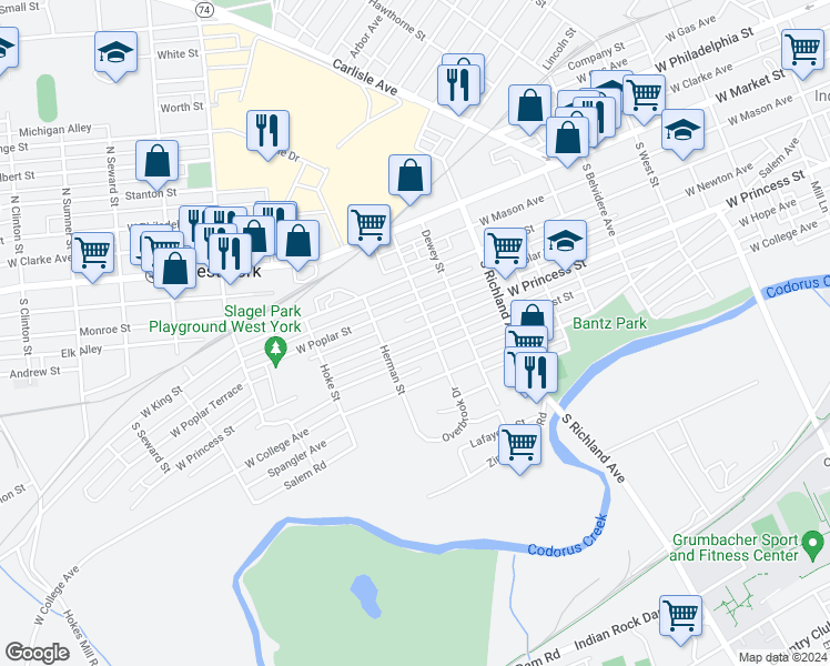 map of restaurants, bars, coffee shops, grocery stores, and more near 1220 West Princess Street in York