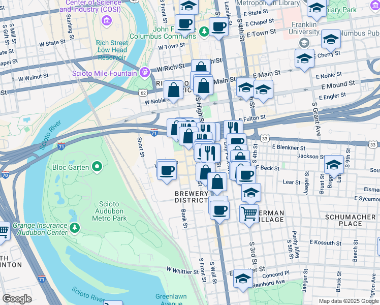 map of restaurants, bars, coffee shops, grocery stores, and more near 495 South High Street in Columbus