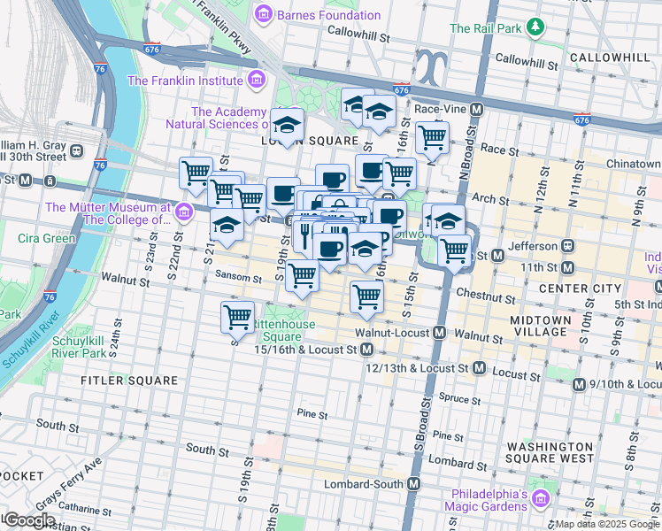 map of restaurants, bars, coffee shops, grocery stores, and more near 30 South 17th Street in Philadelphia