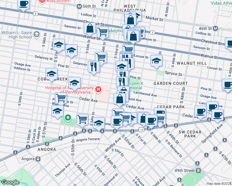 map of restaurants, bars, coffee shops, grocery stores, and more near 5231 Hazel Avenue in Philadelphia