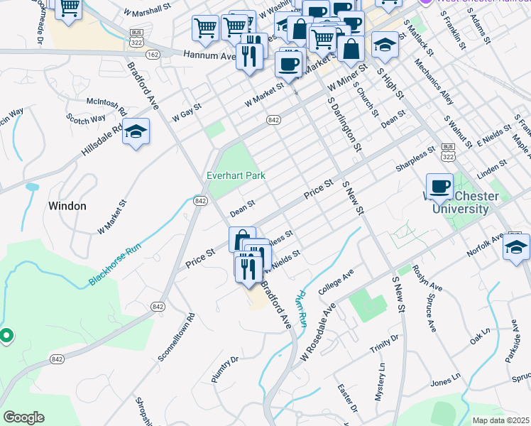 map of restaurants, bars, coffee shops, grocery stores, and more near 509 Price Street in West Chester