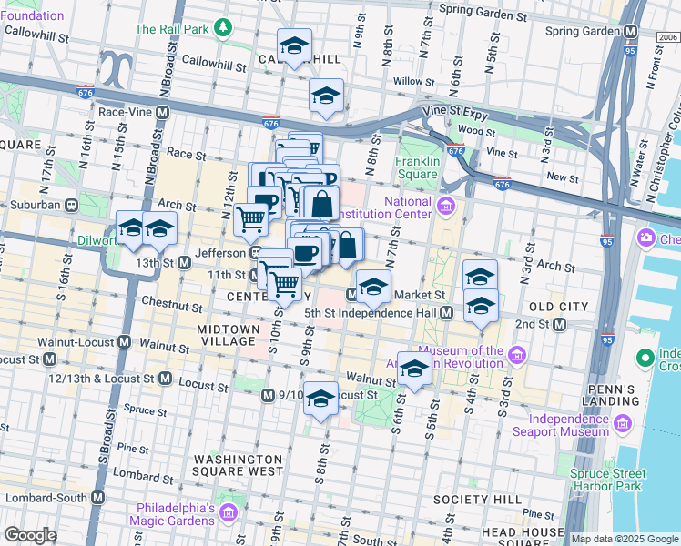 map of restaurants, bars, coffee shops, grocery stores, and more near 801 Market Street in Philadelphia
