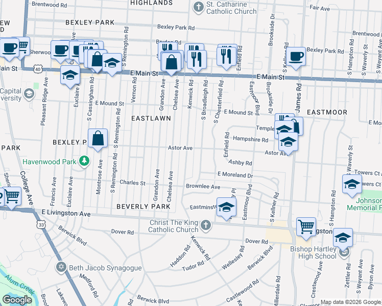 map of restaurants, bars, coffee shops, grocery stores, and more near 863 Kenwick Road in Columbus