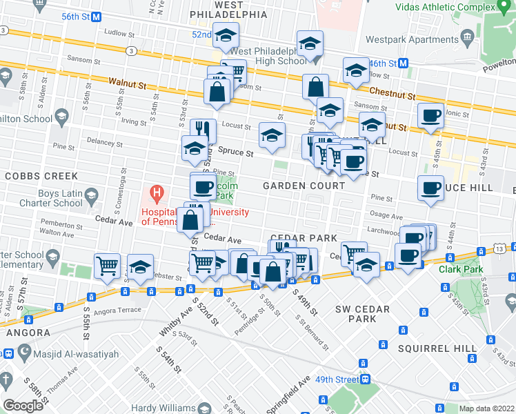 map of restaurants, bars, coffee shops, grocery stores, and more near 5011 Larchwood Avenue in Philadelphia