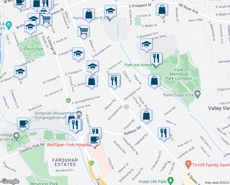 map of restaurants, bars, coffee shops, grocery stores, and more near 917 South Queen Street in York