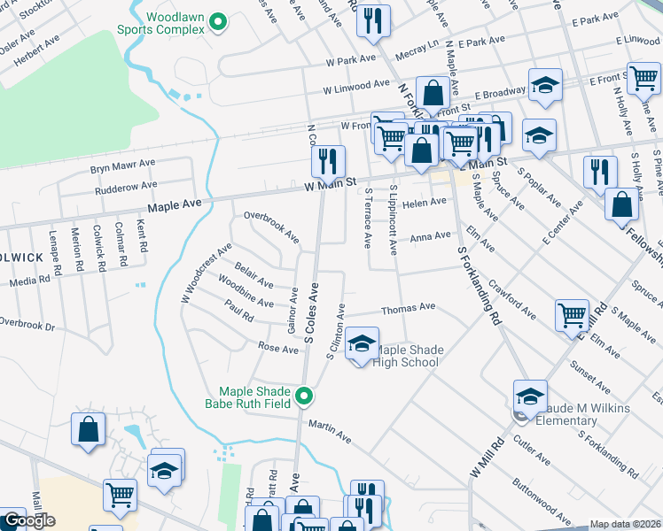 map of restaurants, bars, coffee shops, grocery stores, and more near 314 Anna Avenue in Maple Shade