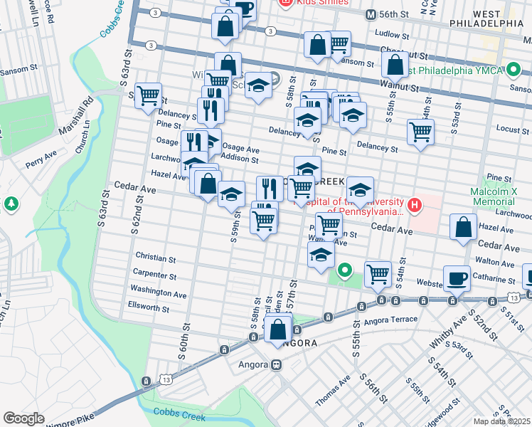 map of restaurants, bars, coffee shops, grocery stores, and more near 5808 Cedar Avenue in Philadelphia