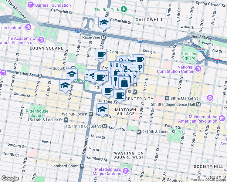 map of restaurants, bars, coffee shops, grocery stores, and more near in Philadelphia