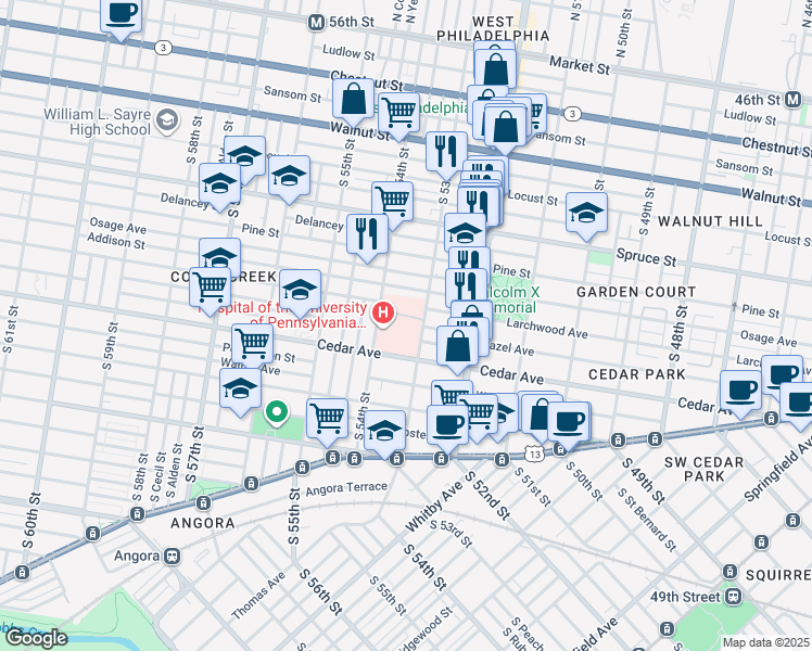 map of restaurants, bars, coffee shops, grocery stores, and more near 501 South 54th Street in Philadelphia