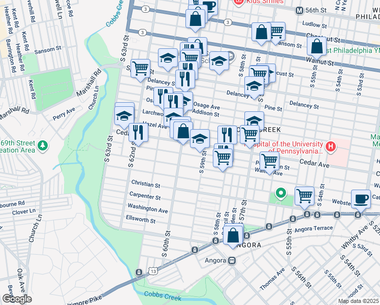 map of restaurants, bars, coffee shops, grocery stores, and more near 5941 Walton Avenue in Philadelphia