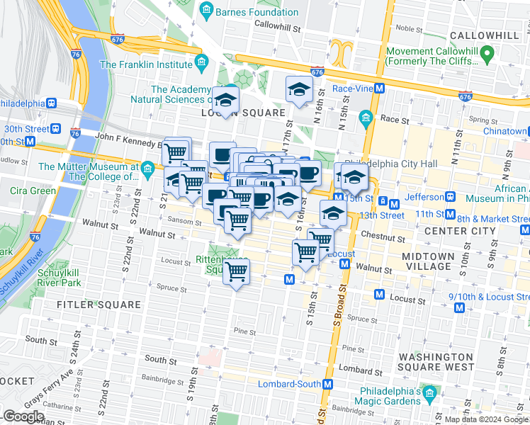 map of restaurants, bars, coffee shops, grocery stores, and more near 1713 Chestnut Street in Philadelphia