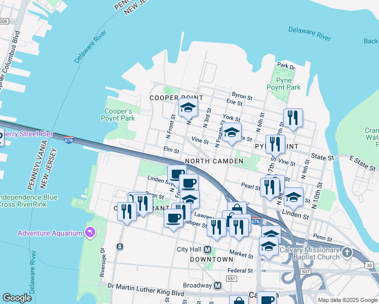 map of restaurants, bars, coffee shops, grocery stores, and more near 213 Elm Street in Camden
