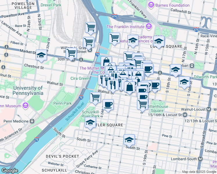 map of restaurants, bars, coffee shops, grocery stores, and more near 2330 Sansom Street in Philadelphia