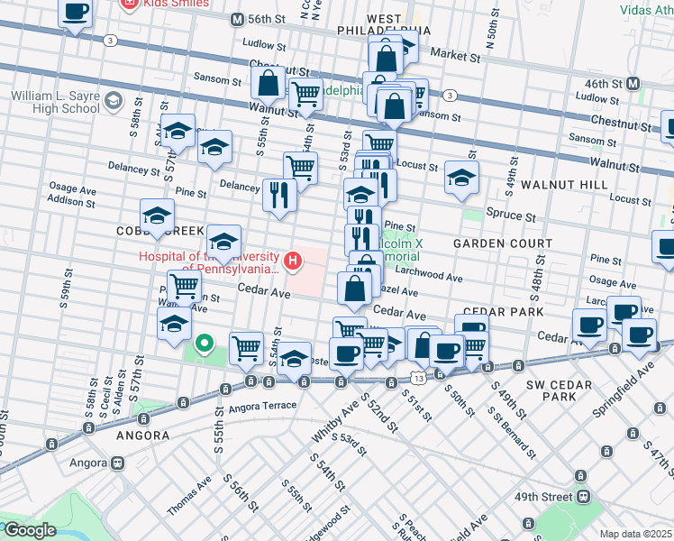 map of restaurants, bars, coffee shops, grocery stores, and more near 5243 Hazel Avenue in Philadelphia