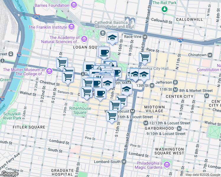 map of restaurants, bars, coffee shops, grocery stores, and more near 50 South 16th Street in Philadelphia