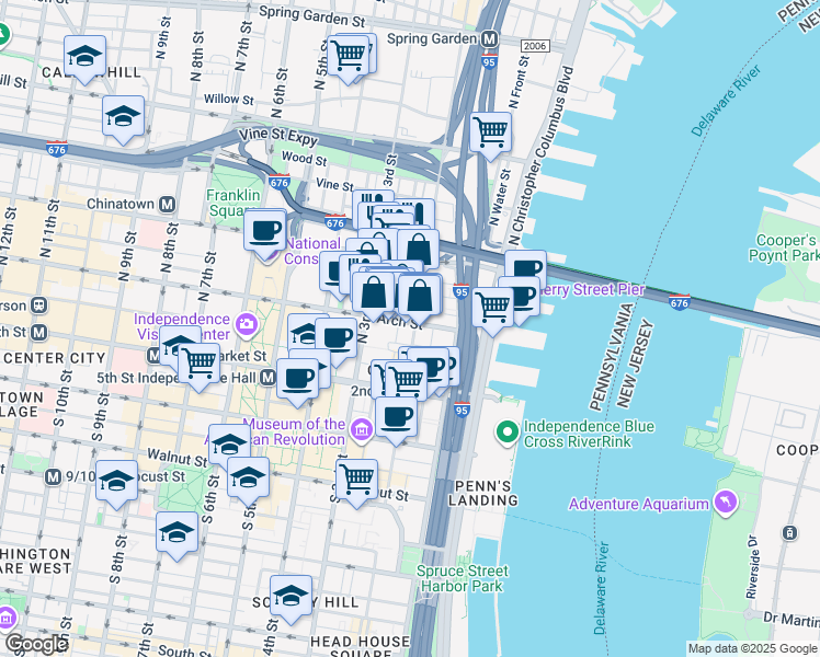 map of restaurants, bars, coffee shops, grocery stores, and more near 70-72 North 2nd Street in Philadelphia