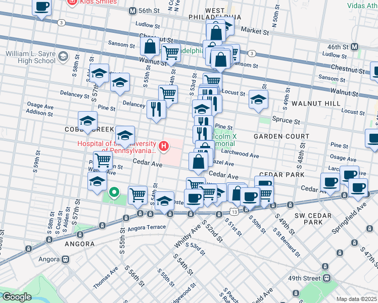 map of restaurants, bars, coffee shops, grocery stores, and more near 5243 Hazel Avenue in Philadelphia