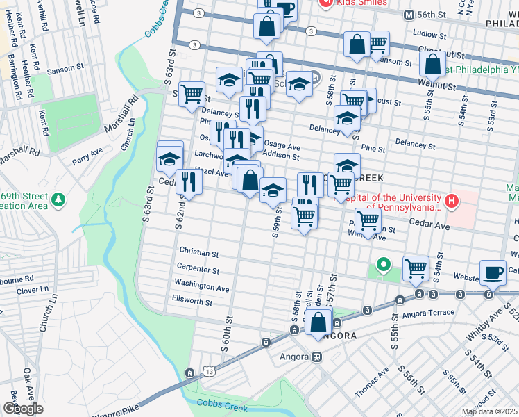 map of restaurants, bars, coffee shops, grocery stores, and more near 5941 Walton Avenue in Philadelphia
