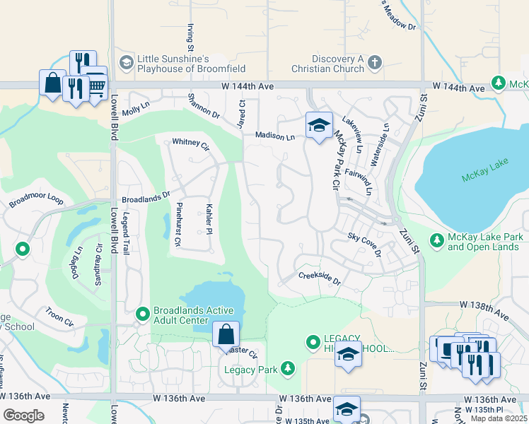 map of restaurants, bars, coffee shops, grocery stores, and more near 14110 Shannon Drive in Broomfield