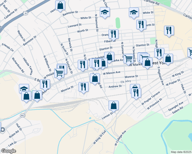 map of restaurants, bars, coffee shops, grocery stores, and more near 33 Hokes Mill Road in York