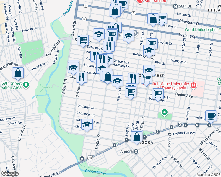 map of restaurants, bars, coffee shops, grocery stores, and more near 5947 Walton Avenue in Philadelphia