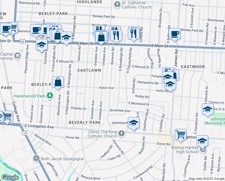 map of restaurants, bars, coffee shops, grocery stores, and more near 863 Kenwick Road in Columbus