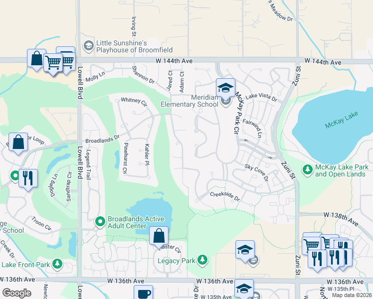 map of restaurants, bars, coffee shops, grocery stores, and more near 14110 Shannon Drive in Broomfield