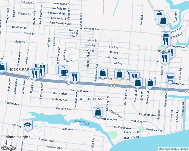 map of restaurants, bars, coffee shops, grocery stores, and more near 2200 1st Avenue in Toms River