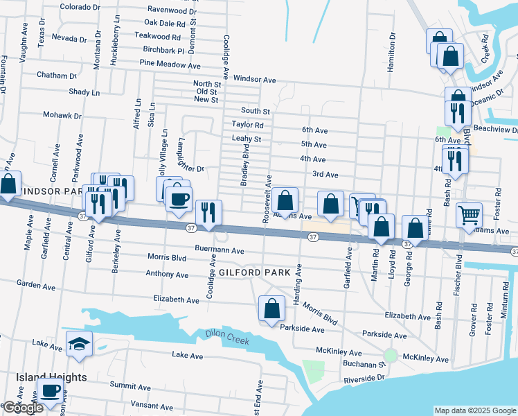 map of restaurants, bars, coffee shops, grocery stores, and more near 523 Bradley Boulevard in Toms River