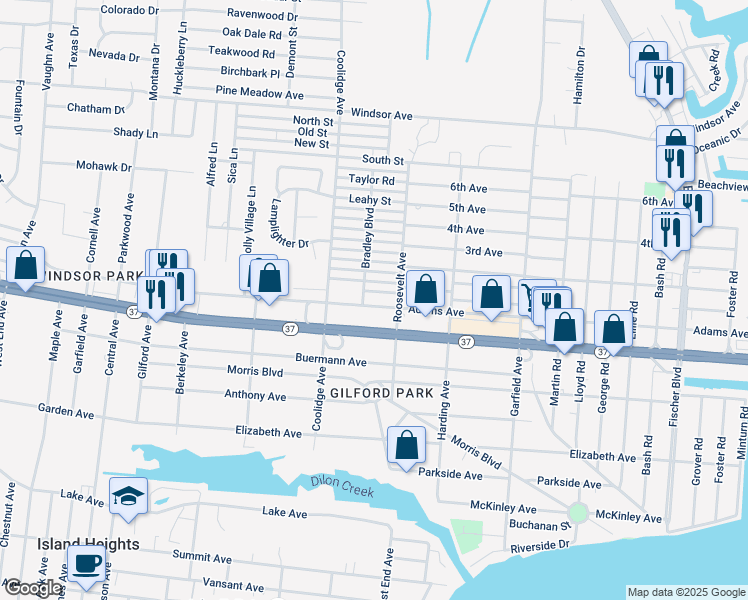 map of restaurants, bars, coffee shops, grocery stores, and more near 523 Bradley Boulevard in Toms River