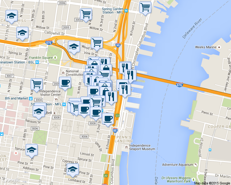 map of restaurants, bars, coffee shops, grocery stores, and more near 69 North 2nd Street in Philadelphia