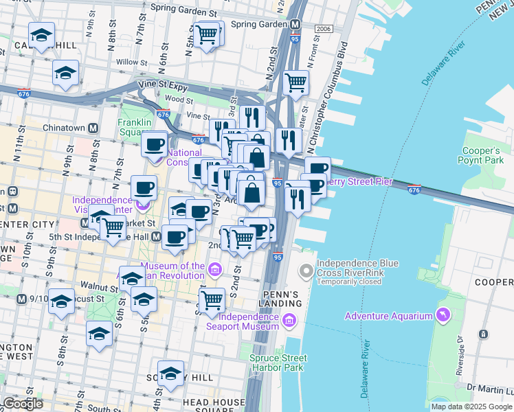 map of restaurants, bars, coffee shops, grocery stores, and more near 69 North 2nd Street in Philadelphia