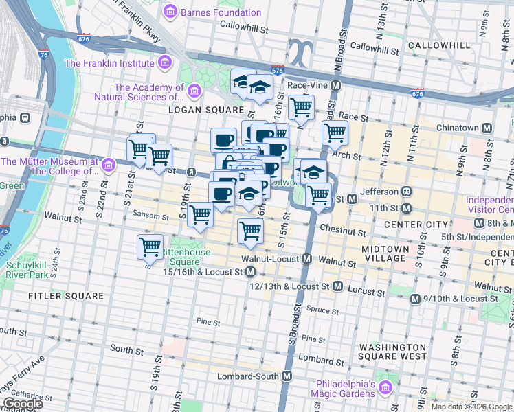 map of restaurants, bars, coffee shops, grocery stores, and more near 27 South 17th Street in Philadelphia