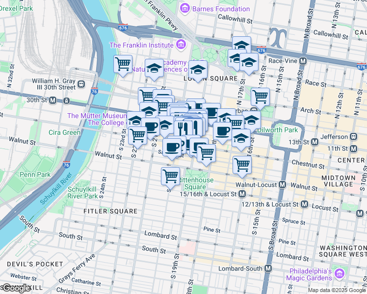 map of restaurants, bars, coffee shops, grocery stores, and more near 1916 Chestnut Street in Philadelphia