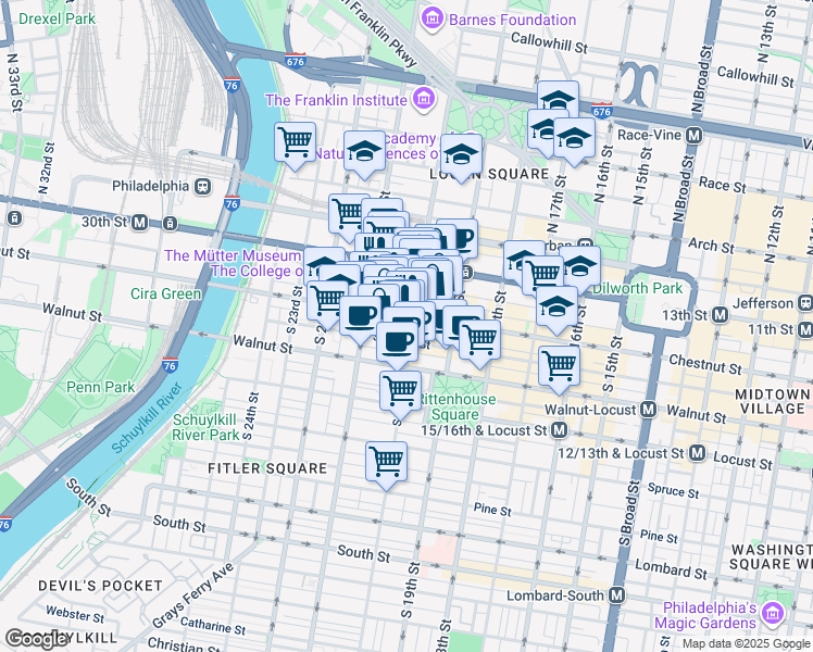 map of restaurants, bars, coffee shops, grocery stores, and more near 2011 Chestnut Street in Philadelphia