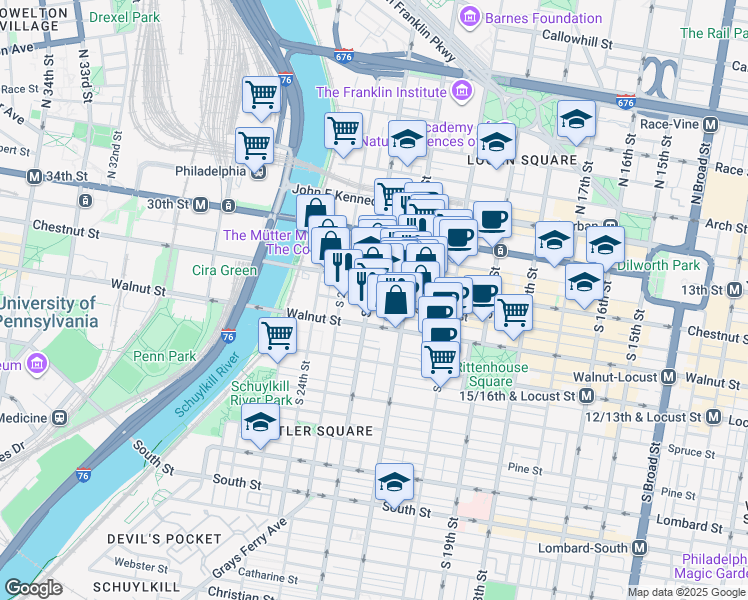 map of restaurants, bars, coffee shops, grocery stores, and more near 25 South Van Pelt Street in Philadelphia