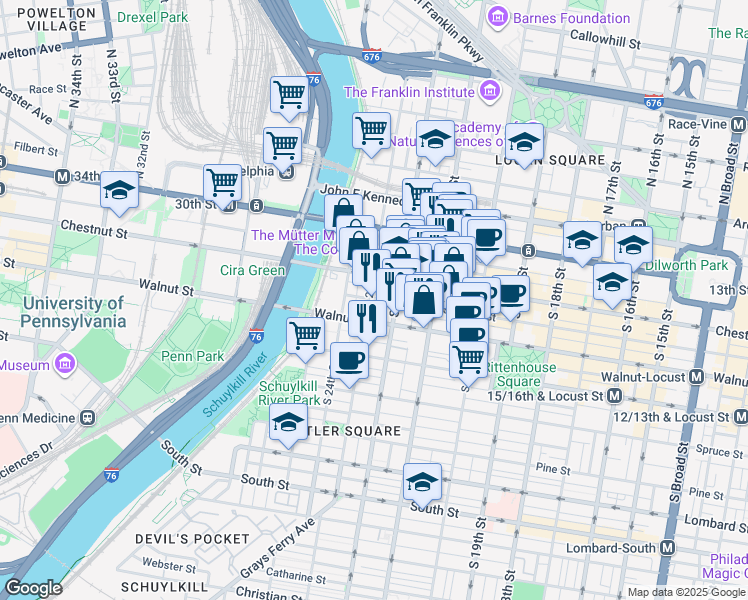 map of restaurants, bars, coffee shops, grocery stores, and more near 2300 Chestnut Street in Philadelphia