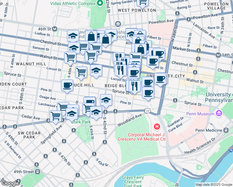 map of restaurants, bars, coffee shops, grocery stores, and more near 4054 Spruce Street in Philadelphia