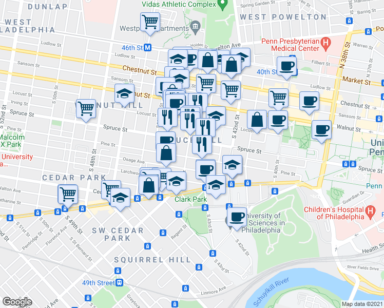 map of restaurants, bars, coffee shops, grocery stores, and more near 267 South 44th Street in Philadelphia