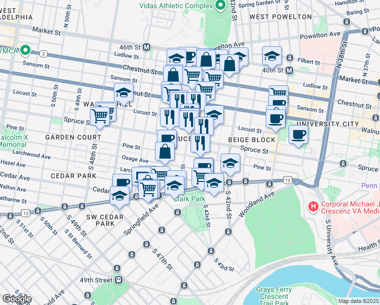 map of restaurants, bars, coffee shops, grocery stores, and more near 4333 Pine Street in Philadelphia