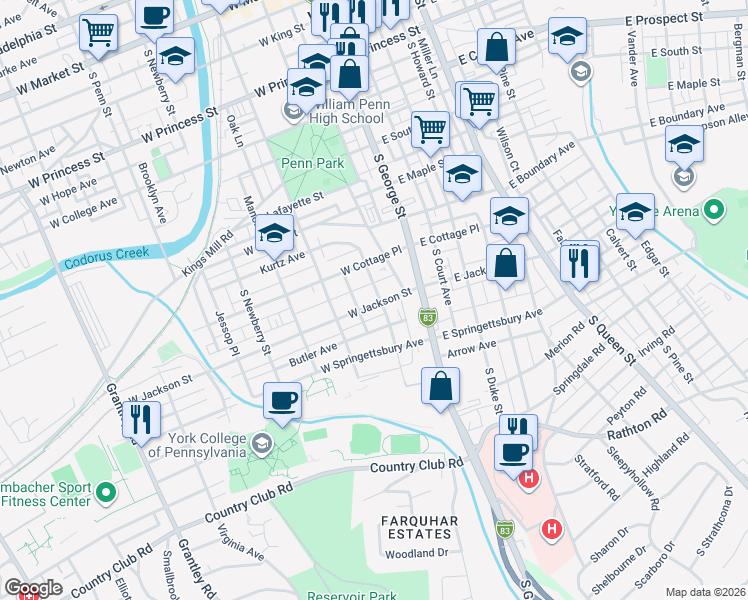 map of restaurants, bars, coffee shops, grocery stores, and more near 728 South Beaver Street in York