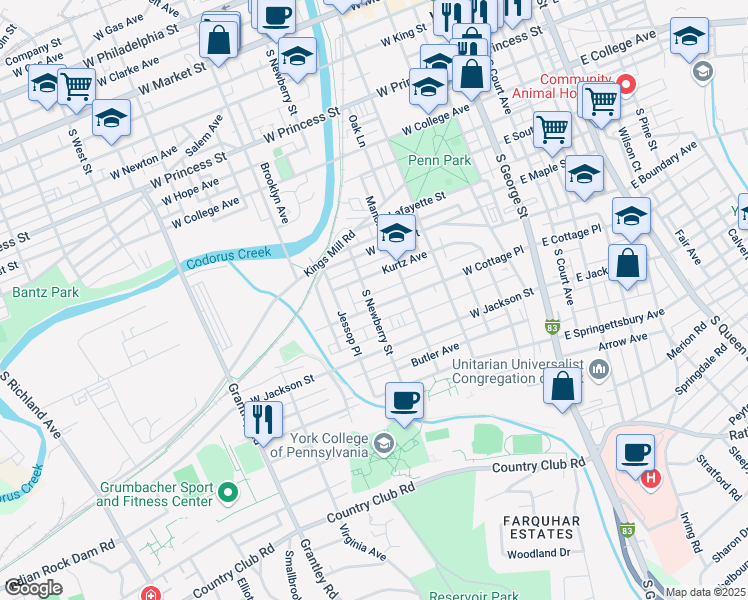 map of restaurants, bars, coffee shops, grocery stores, and more near 256 Kurtz Avenue in York