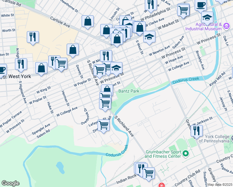 map of restaurants, bars, coffee shops, grocery stores, and more near 836 West Locust Street in York