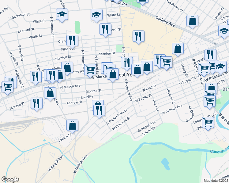 map of restaurants, bars, coffee shops, grocery stores, and more near 55 South Adams Street in West York