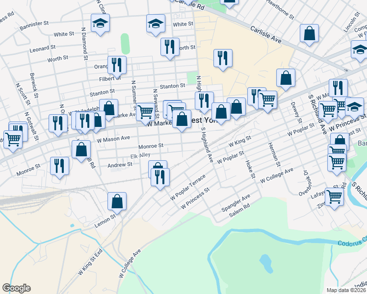 map of restaurants, bars, coffee shops, grocery stores, and more near 55 South Adams Street in West York