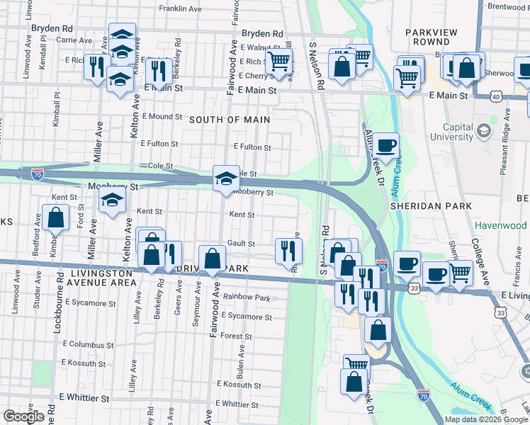 map of restaurants, bars, coffee shops, grocery stores, and more near 724 Bulen Avenue in Columbus